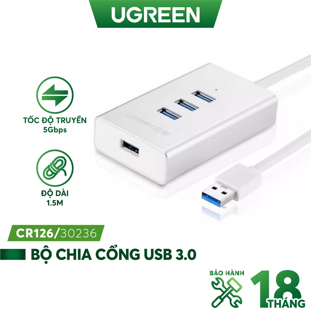 Bộ chia USB 3.0 sang 4 cổng USB 3.0 vỏ hợp kim nhôm chính hãng UGREEN CR126