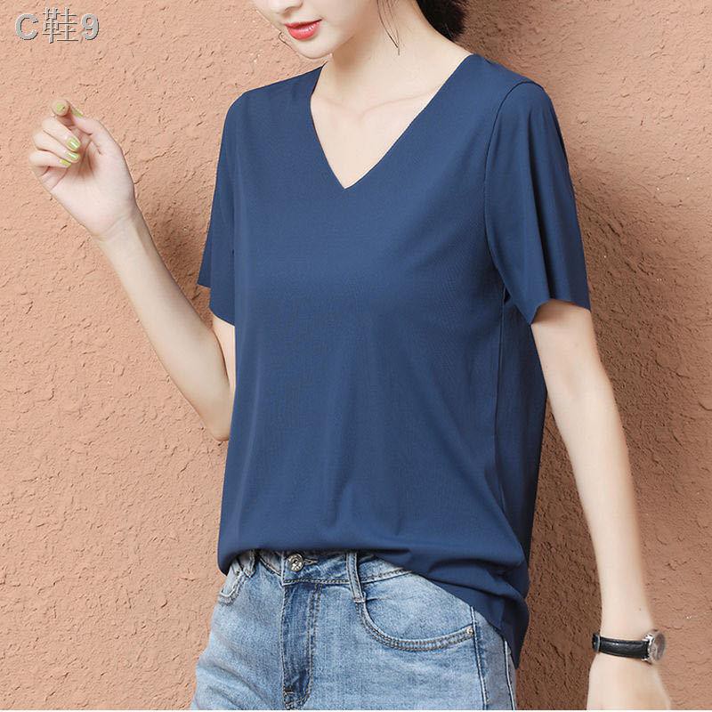 New ice silk short-sleeved t-shirt spring and summer solid color women s 2020 thin trendy V-neck Korean white loose top