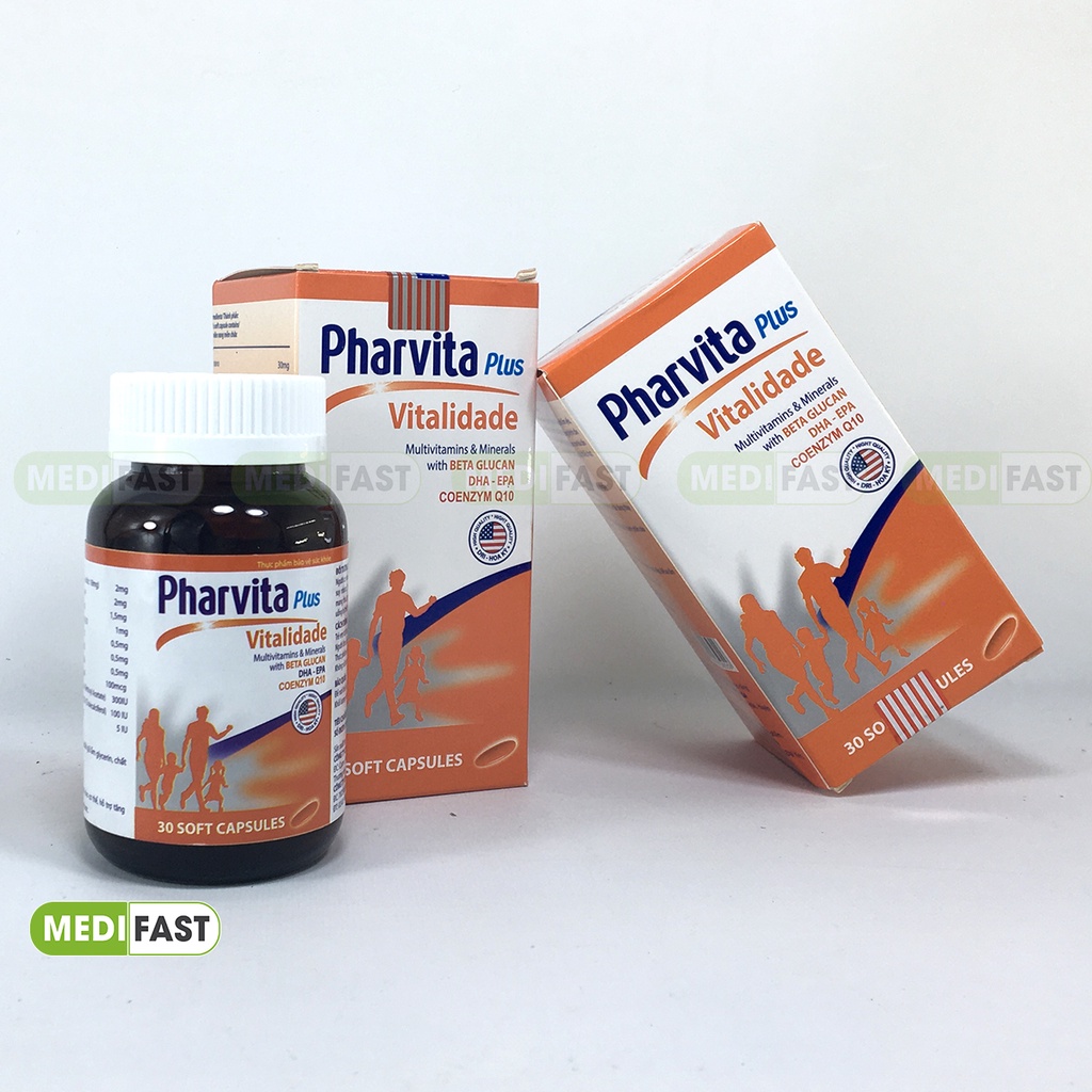Giảm mệt mỏi, tăng sức đề kháng - Bổ sung vitamin tổng hợp Pharvita Lọ 30 viên có thêm Beta Glucan, DHA và Coenzym