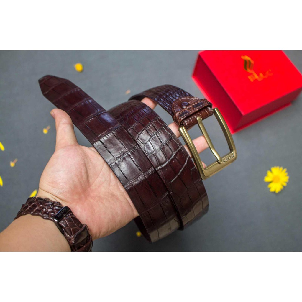 Thắt lưng da bò xịn vân cá sấu - Dây nịt khóa kim hàng hiệu ( nâu 03)