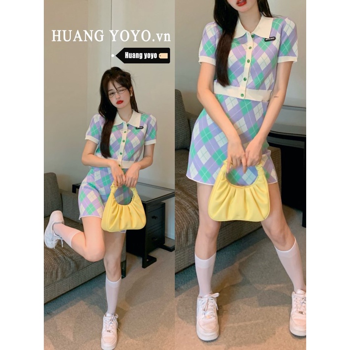 HUANG YOYO Set Áo Len Ngắn Tay Và Chân Váy Caro Thời Trang Nữ