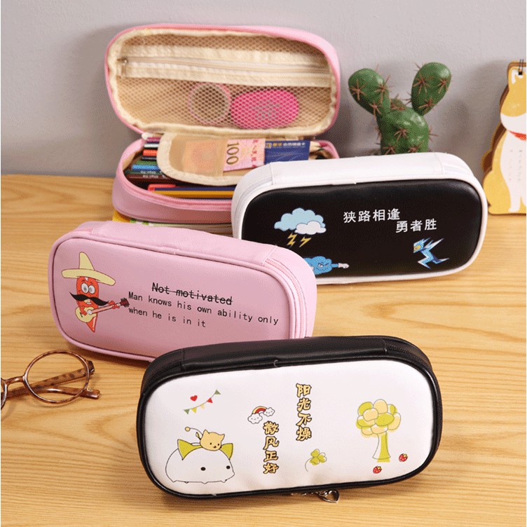 Bóp viết da size to hoạt hình trắng/hồng/đen