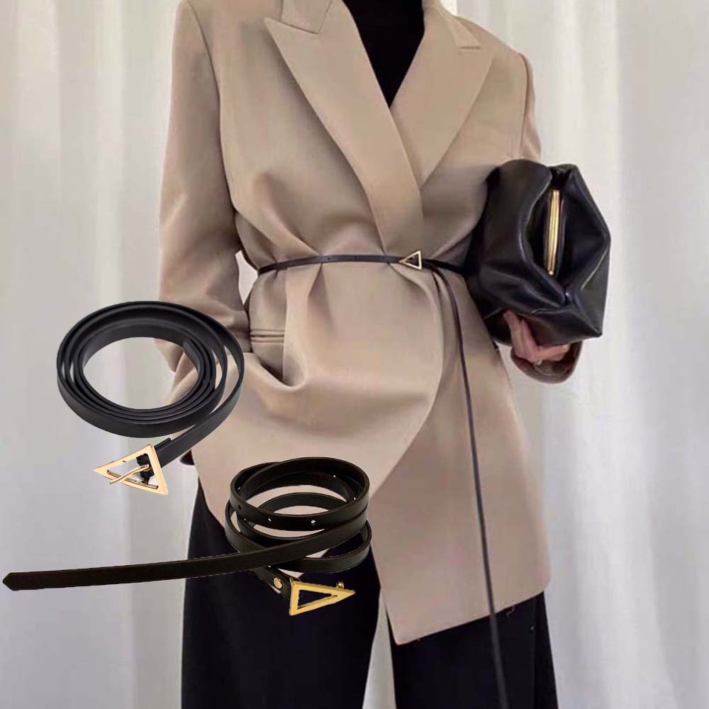 Thắt lưng da PU mỏng màu đen khóa tam giác vintage đơn giản cho nữ