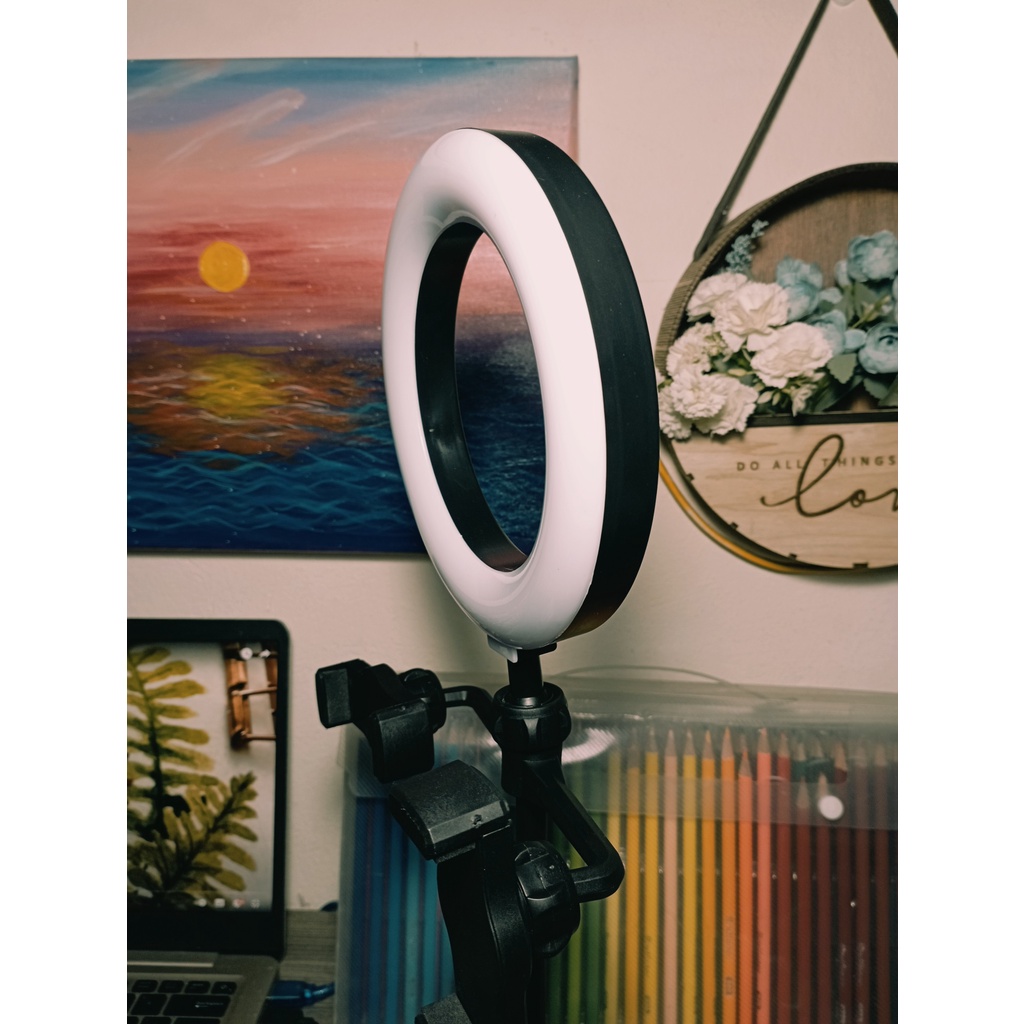 Đèn livestream để bàn 16cm kẹp 2 điện thoại có đèn hỗ trợ 3 chế độ sáng, quay tiktok, bán hàng, make up