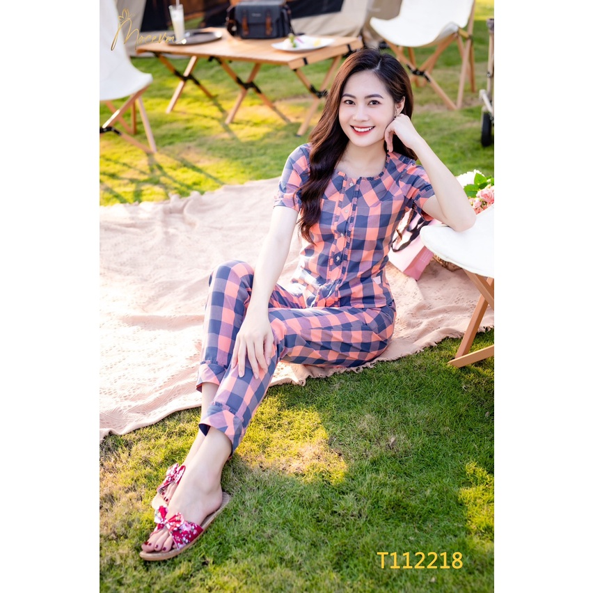 Bộ mặc nhà Linen Hàn cao cấp Mộc Eva áo cộc tay quần dài mềm mại trẻ trung T112218