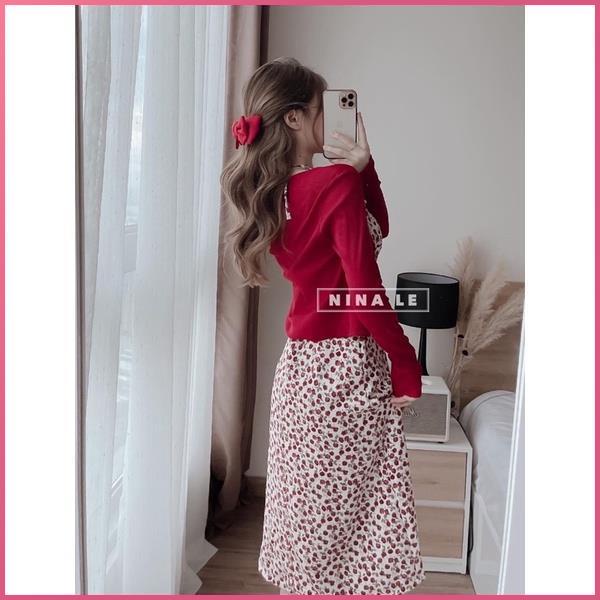 Đầm 2 Dây SONAITI Váy hoa nhí hai dây dáng dài kèm áo khoác croptop màu đỏ đẹp thời trang nữ dưới 53kg . .