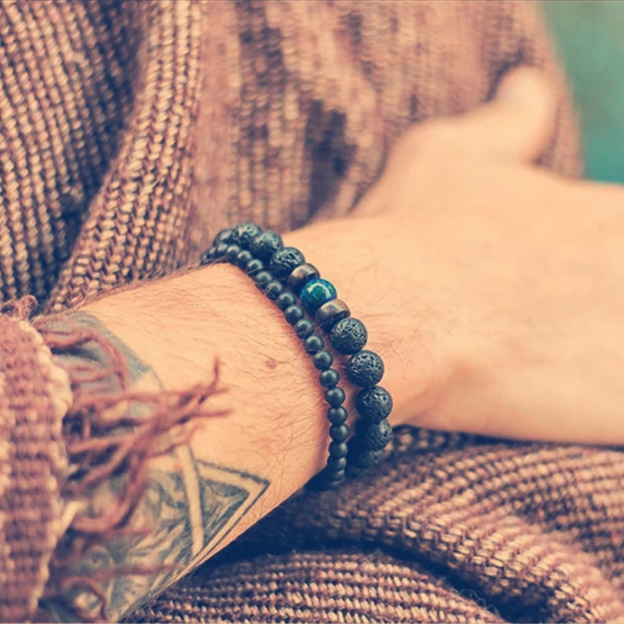 Vòng tay đá núi lửa Lava và hạt gỗ cỡ 8mm thời trang cho nam