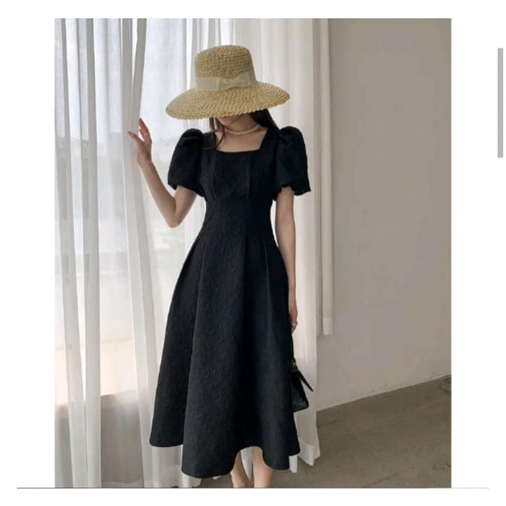 Váy nữ thiết kế dự tiệc, đầm Gấm hoa hồng tay bí trẻ trung, dễ thương