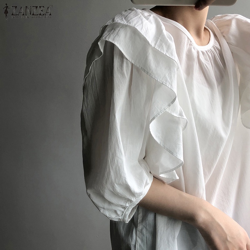 Áo kiểu Zanzea tay phồng cổ tròn màu trơn phong cách Hàn Quốc thời trang cho nữ