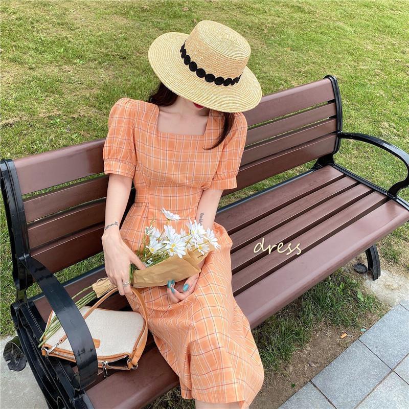 Đầm ngắn tay cổ vuông kẻ sọc caro size lớn thời trang hè mới năm 2021