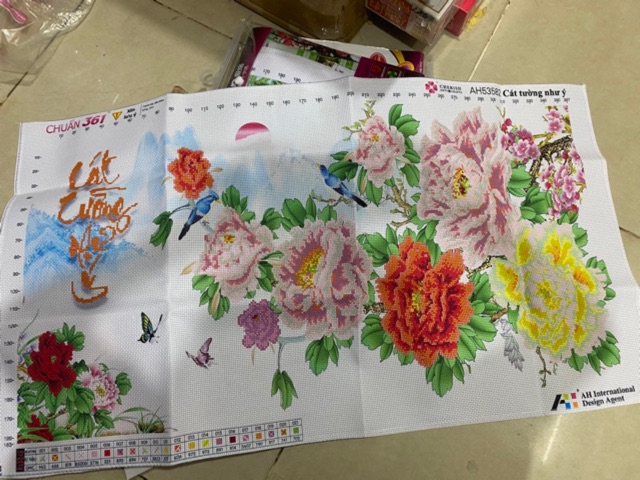 Tranh thêu chữ thập hoa mẫu đơn Cát Tường Như Ý Ailuo AL53582 |90x50cm| -Chưa thêu