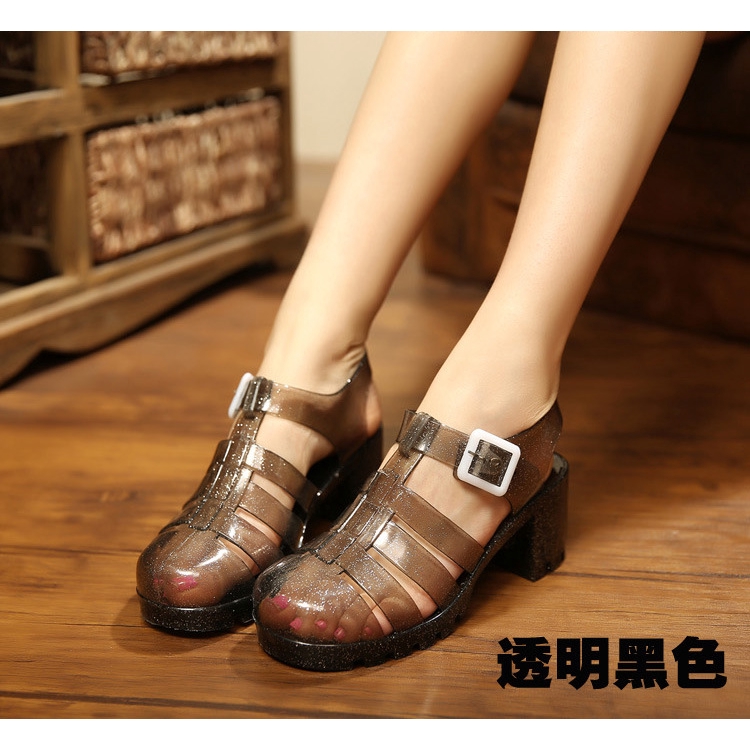 Giày sandal cao gót làm từ nhựa trong suốt chống trượt chống thấm nước mua thời trang mùa hè cho nữ