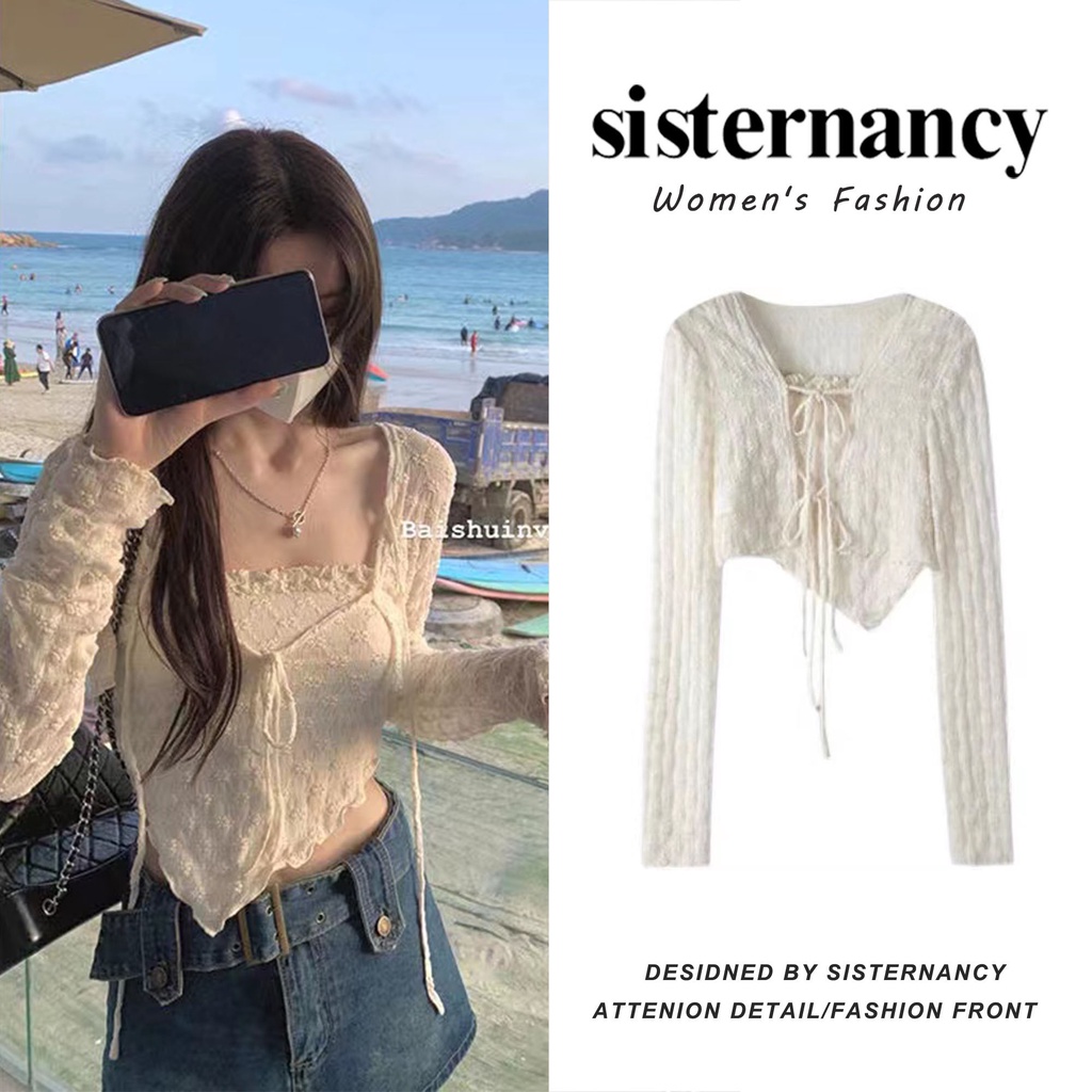 Set đồ COZOKC gồm áo khoác cardigan và áo hai dây phối ren phong cách quyến rũ