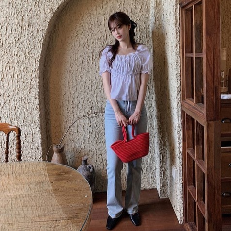 Áo Kiểu Tay Ngắn Cổ Vuông Thắt Nơ Phong Cách Hàn Quốc Dễ Thương 52801