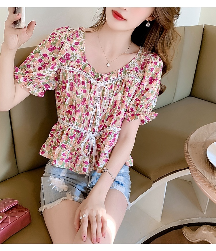 S-XXL 2021 New Purple Orange Floral Chiffon Korean Fashion Summer Casual Short Sleeve Blouse Tops for Women Office Lady Clothes