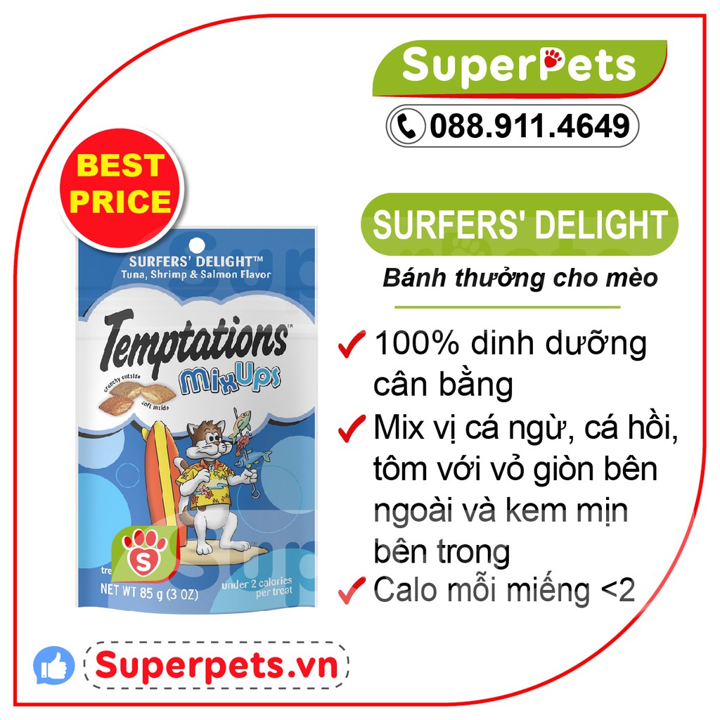 Bánh thưởng Cho Mèo Temptation Vị Cá Ngừ, Cá Hồi và Tôm Temptations Mixups Surfers' Delight Cat Treats By Temptations 3o