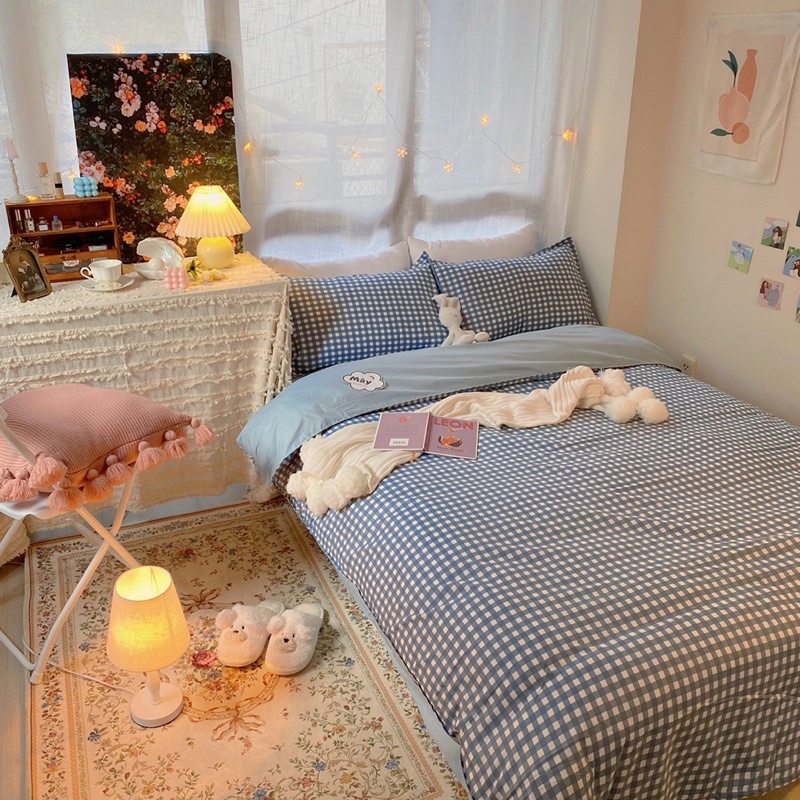 Bộ chăn ga gối Cotton Poly hoạ tiết caro đủ màu đen đỏ xanh MÂY BEDDING đủ kích thước nệm