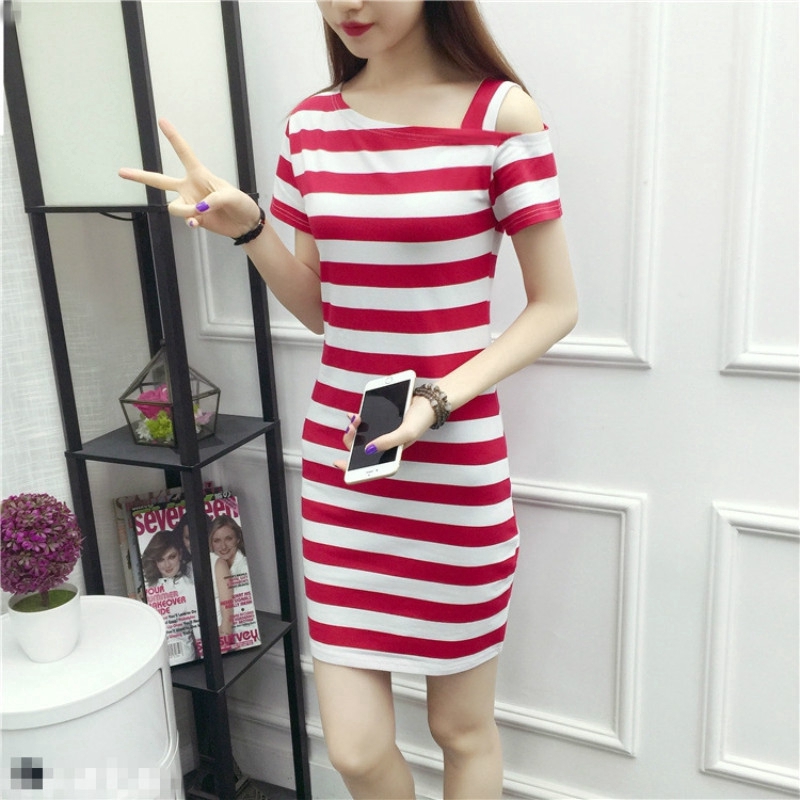 Đầm Thun Dài Tay Ngắn Hở Vai Họa Tiết Sọc Thời Trang Dành Cho Nữ