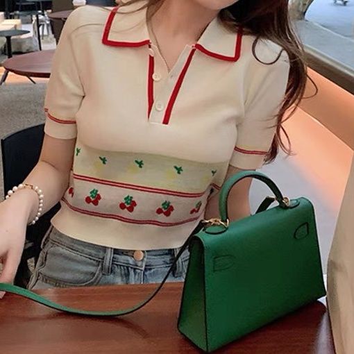 Áo Dệt Kim Tay Ngắn Cổ Bẻ Phong Cách Retro Dành Cho Nữ