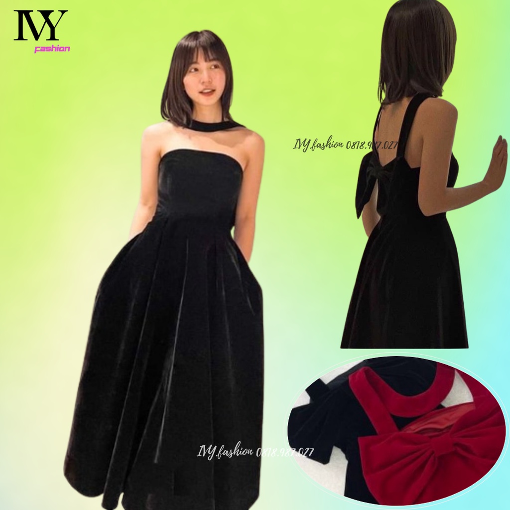 Đầm váy midi xòe nơ lưng 🔥nhung đỏ mút ngực🔥 đen cúp ngực xoè dây cổ đi biển dự tiệc dạo phố bigsize gợi cảm