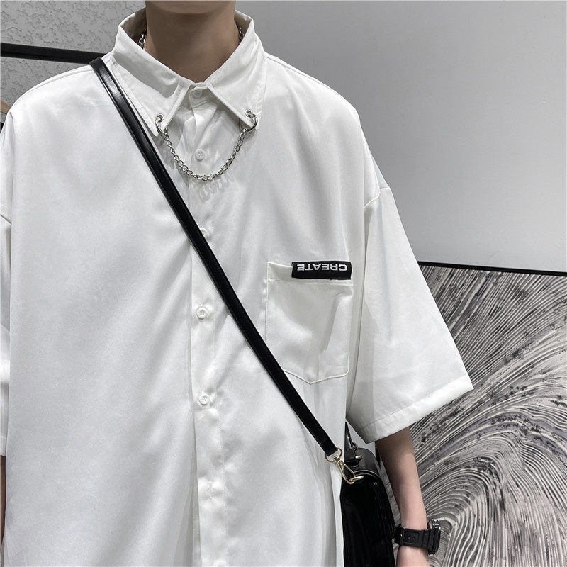 Áo Sơ Mi Lụa Lạnh Tay Ngắn Dáng Rộng Phong Cách Thời Trang Nhật Hàn Cho Nam Giới
