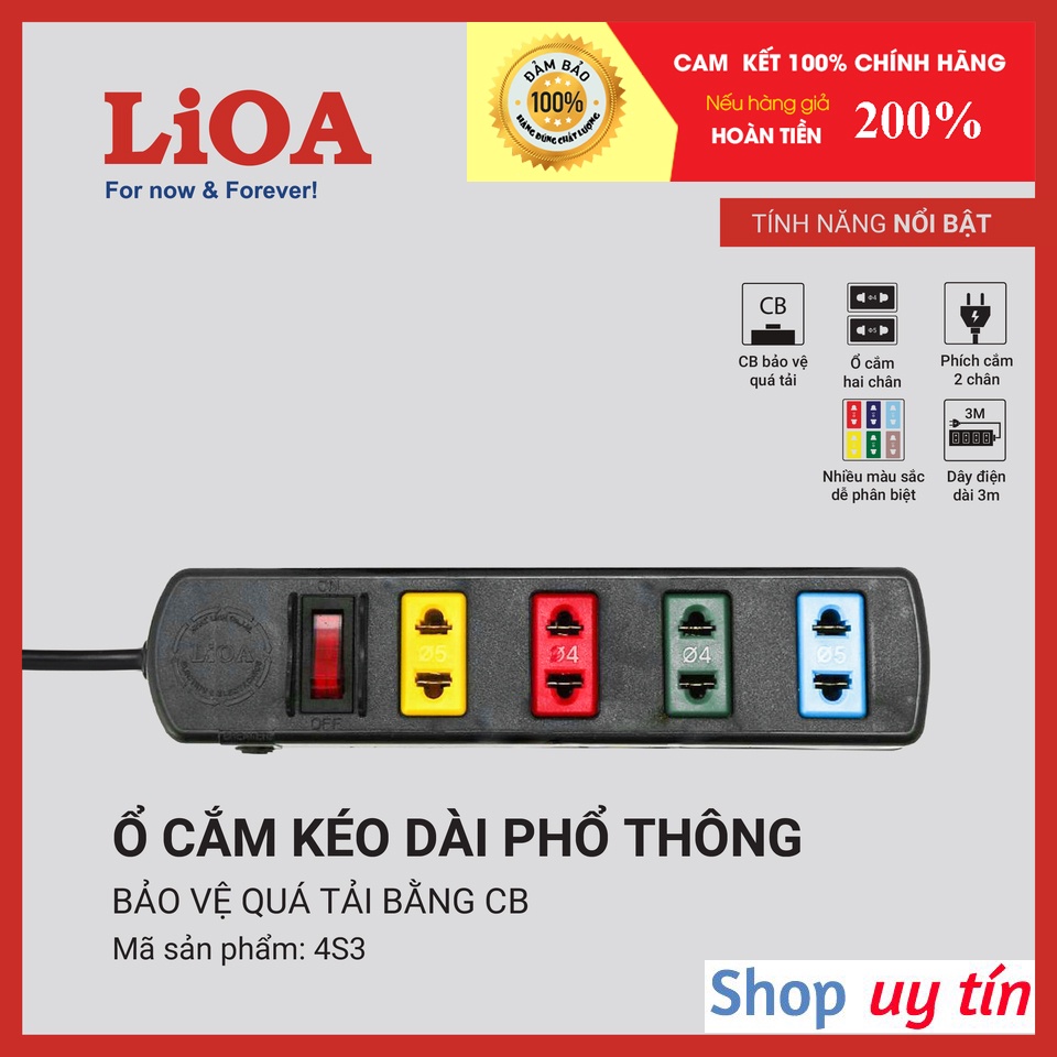 [CHÍNH HÃNG] Ổ cắm LiOA kéo dài phổ thông 3 lỗ, 4 lỗ, 5 lỗ, 6 lỗ, 2 chấu dây dài 3m - 5m, 2 lõi, 1000W - 2200W