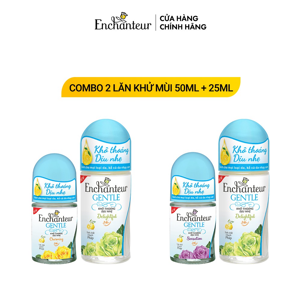 Combo Lăn khử mùi Enchanteur Gentle Delightful 50ml và Gentle Charming/ Sensation 25ml