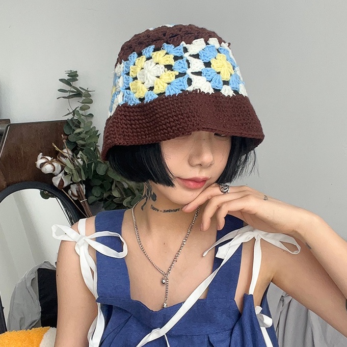 Mũ bucket đan len bông hoa thời trang nữ dễ phối đồ