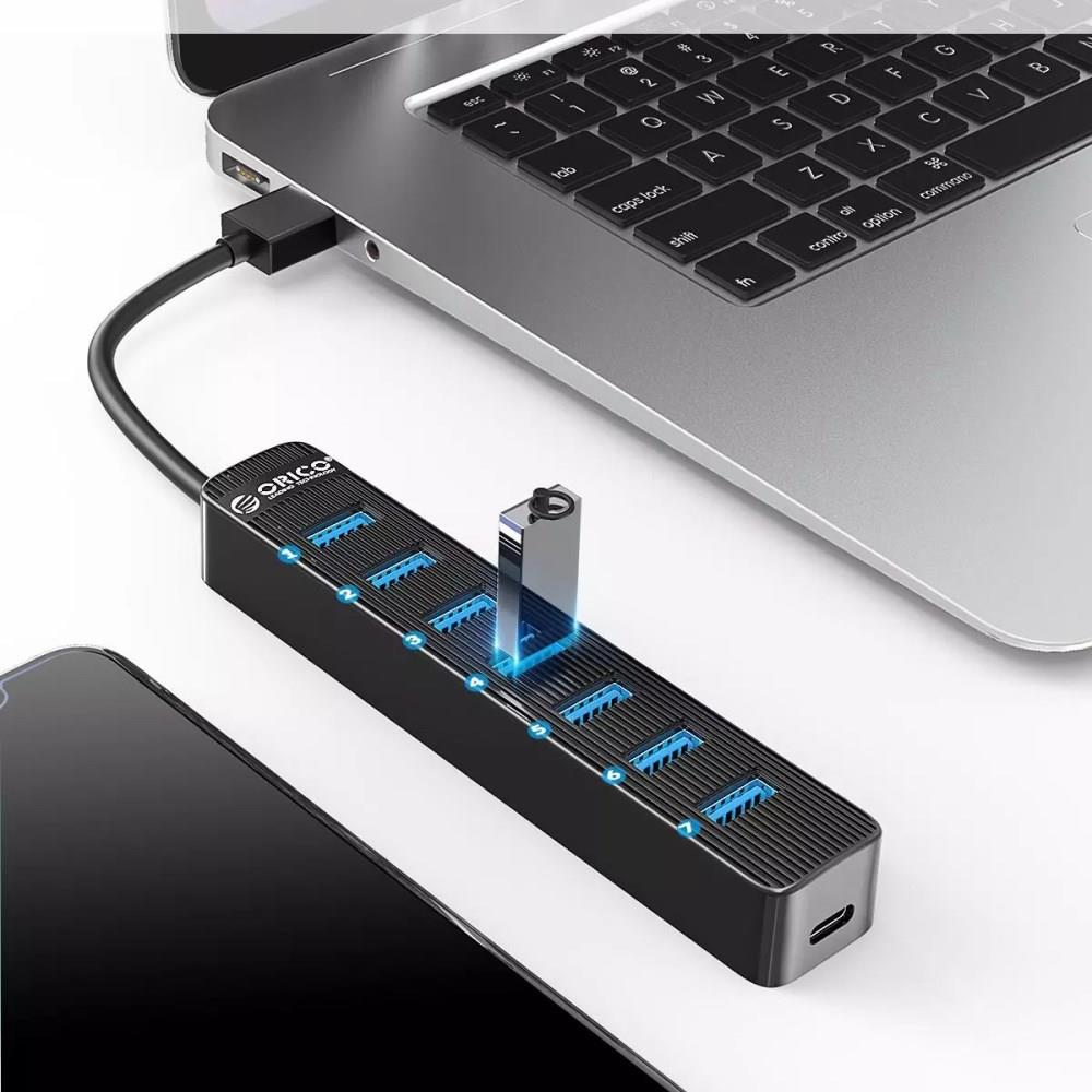 Thiết bị chuyển đổi HUB 7 cổng USB3.0 ORICO TWU3-7A-BK có cổng cấp nguồn điện Type-C tiện dụng