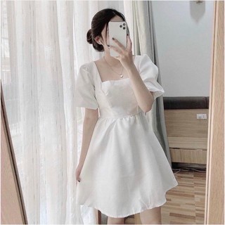 Đầm babydoll trắng cổ vuông form ngắn (kèm hình thật)