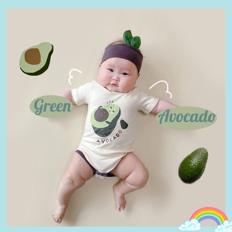 Bộ Áo Liền Quần Ngắn Tay In Hình Quả Bơ Dễ Thương + 1 Chiếc Lá Thời Trang Mùa Hè Cho Bé Sơ Sinh