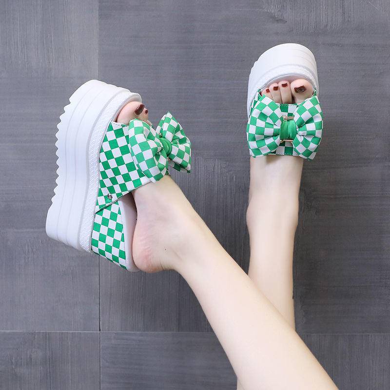 Dép Sandal Cao Gót Hở Mũi Đế Dày Quai Nơ Sọc Caro Thời Trang Mùa Hè Cho Nữ