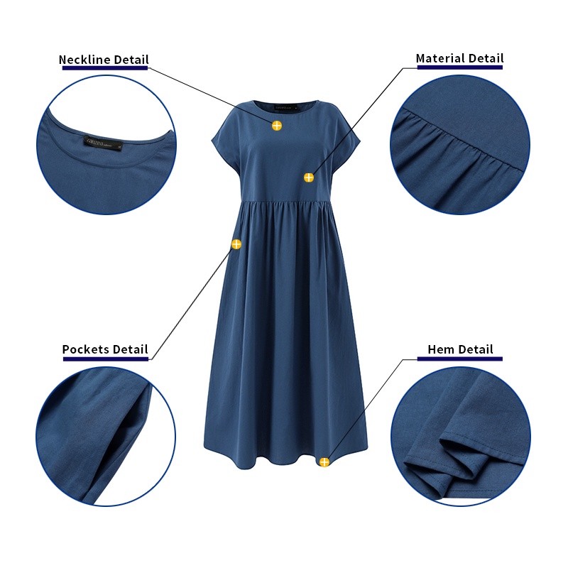 Đầm Dài Tay Ngắn Màu Trơn Có Túi Thời Trang Cho Nữ ZANZEA