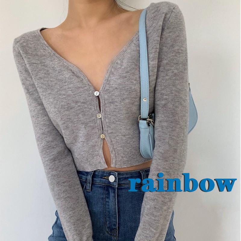 Áo Thun Lửng Tay Dài Màu Trơn Phối Hàng Nút Màu Cầu Vồng Thời Trang Cho Nữ | BigBuy360 - bigbuy360.vn