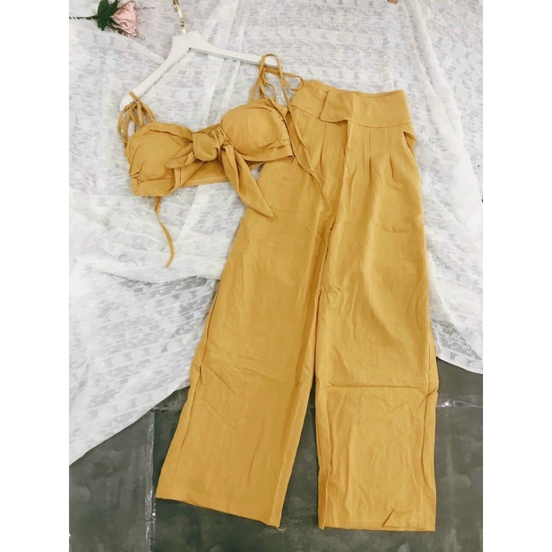 ẢNH THẬT TRẢI SÀN - SET CROPTOP ĐŨI CỘT NƠ NGỰC VÀNG