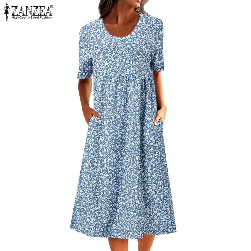 Đầm babydoll Zanzea họa tiết hoa có túi phong cách Châu Âu cho nữ