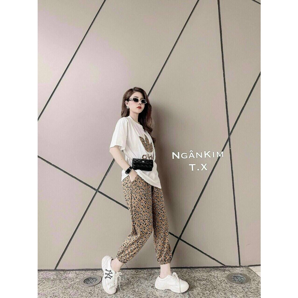[ Miễn phí ship 2022 ] Set thun da cá, bộ áo trắng adidas quần beo dài ống túm, bộ thể thao nữ trẻ trung, cá tính