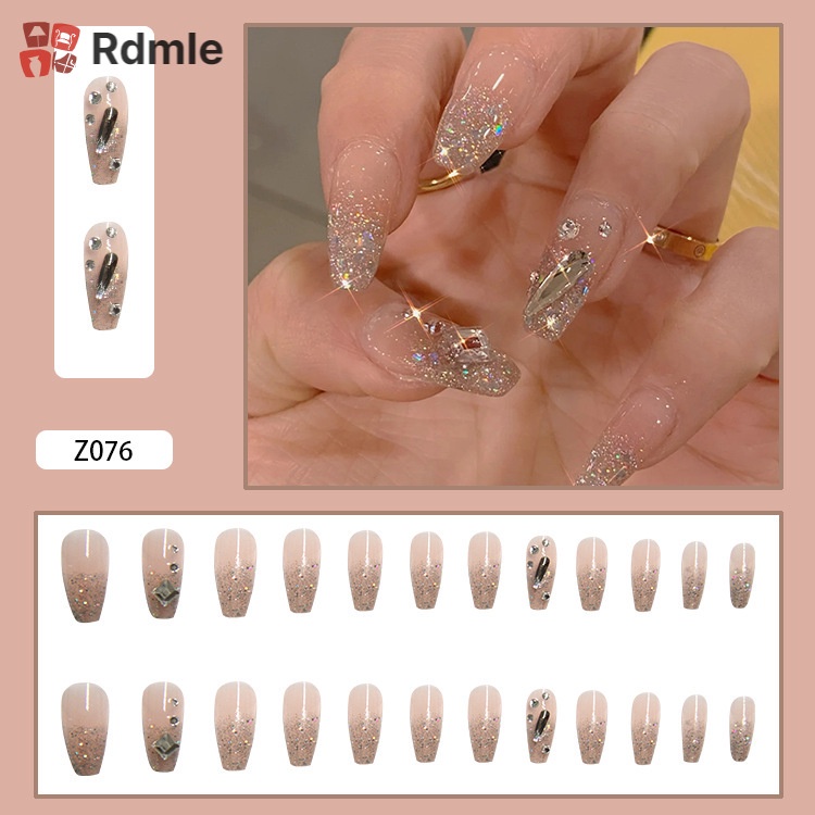 Set 24 Móng Tay Giả Đính Đá Sáng Bóng Có Thể Tháo Rời Thời Trang