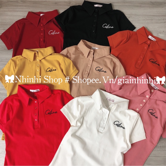 Áo phông cổ bẻ dáng ôm thêu chữ ký, Áo thun kiểu ngắn tay vải cotton co giãn CS1215 - NhiNhiShop
