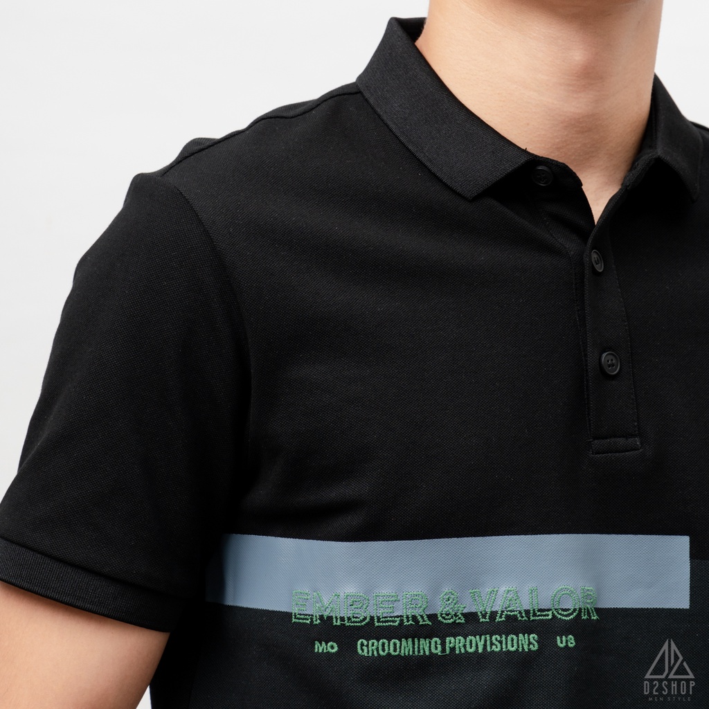 Áo thun polo nam D2shop,  áo polo nam phối ngực thêu thêu chữ EMBER&VALOR, màu đen
