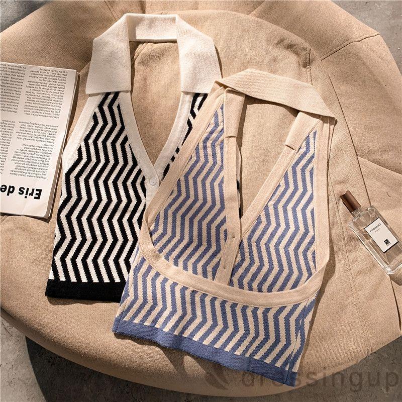 Áo Croptop Không Tay Cài Nút In Họa Tiết Kẻ Sọc Gợn Sóng Cho Nữ