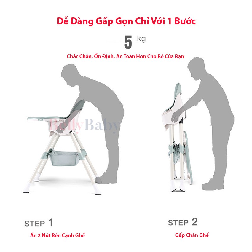 [Freeship] Ghế Ăn Dặm BellyBaby 105 Full Đệm, Phụ Kiện Có Bánh Xe Phiên Bản Mới Nhất