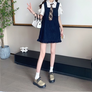 【HangFei】Đầm Yếm Denim Phối Bèo Plus Size Thời Trang