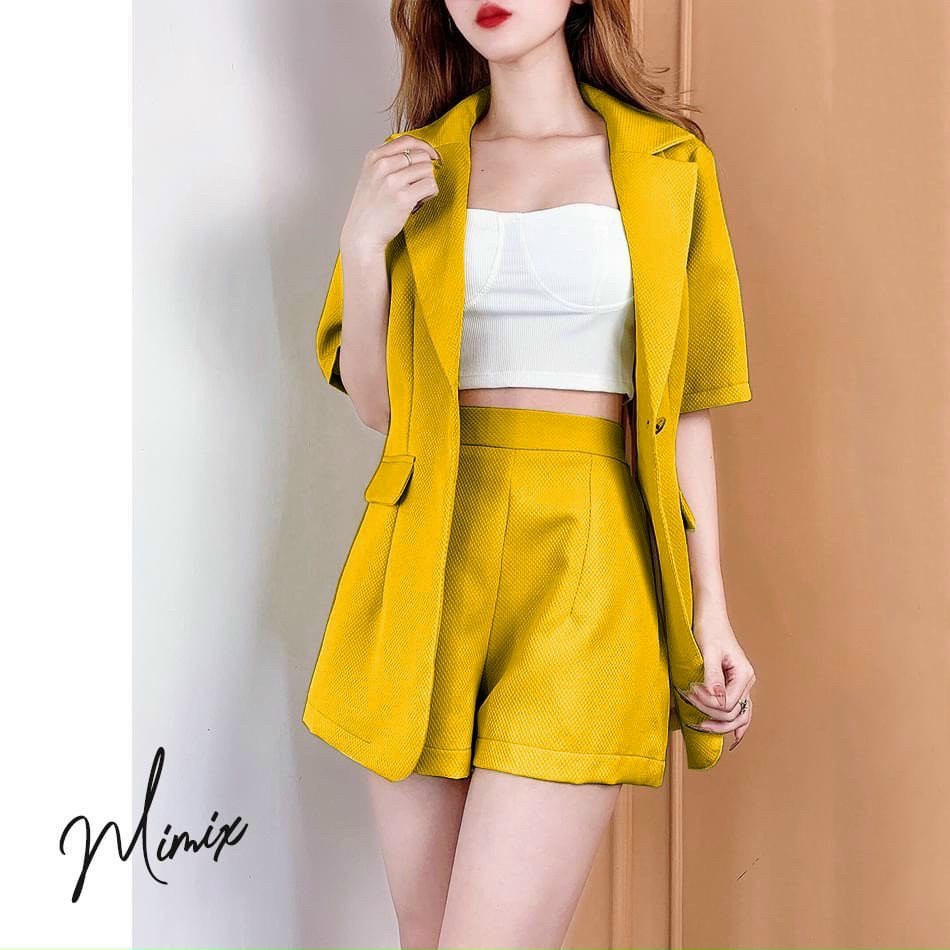 Sét Bộ Áo Vét Nữ Set Áo Blazer Cộc Tay Kèm Quần Short Chất Xốp Có Lót Cotton y mẫu