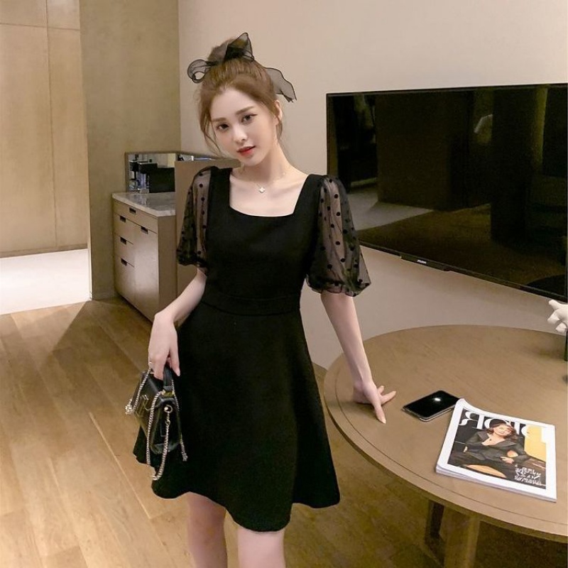 Large Size Women's Clothing Fat Sister Flab Hiding Black Dress2021Summer New Korean Style FatmmDress Slimming Lantern Sleeves