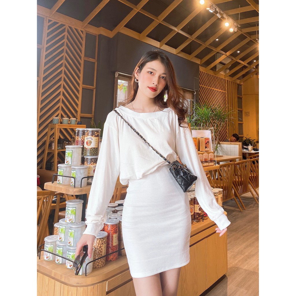 Đầm thun body lệch vai