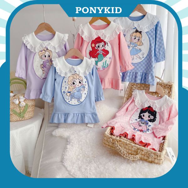 Váy công chúa dài tay chất cotton cổ hoa đáng yêu cho bé gái