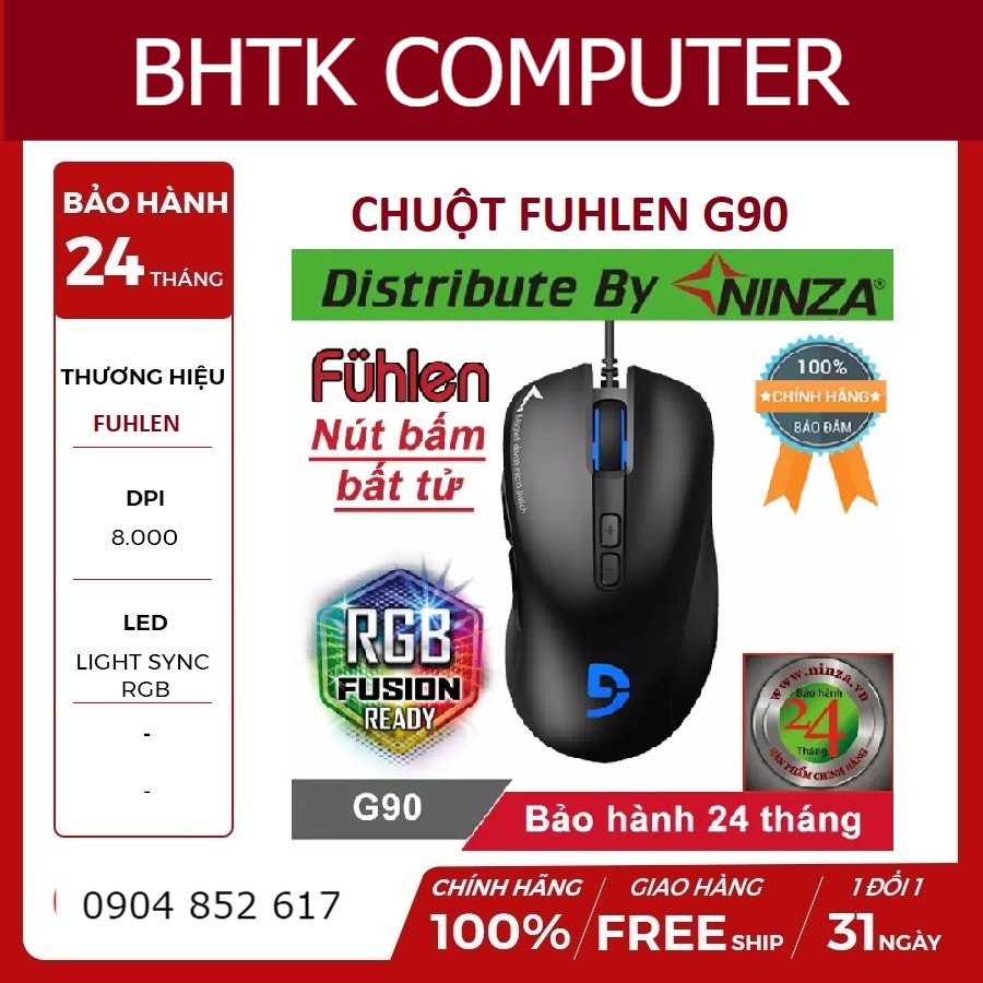 Chuột FUHLEN G90 Ninza - Chuột gaming giá rẻ, với nút bấm bất tử led RGB Chính hãng BH 24 tháng