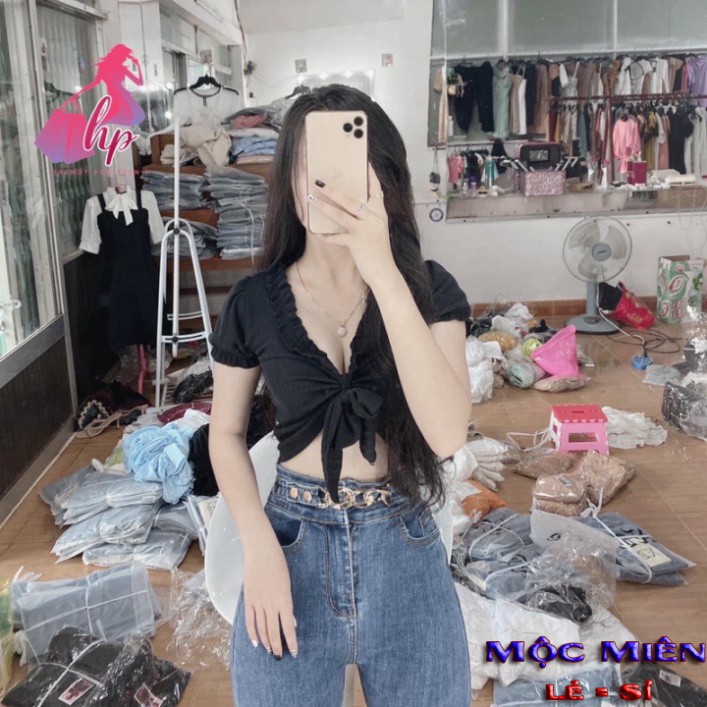 Áo croptop thun gân buộc nơ viền bèo mẫu mới siêu xinh thời trang 2020 -Giá Sỉ