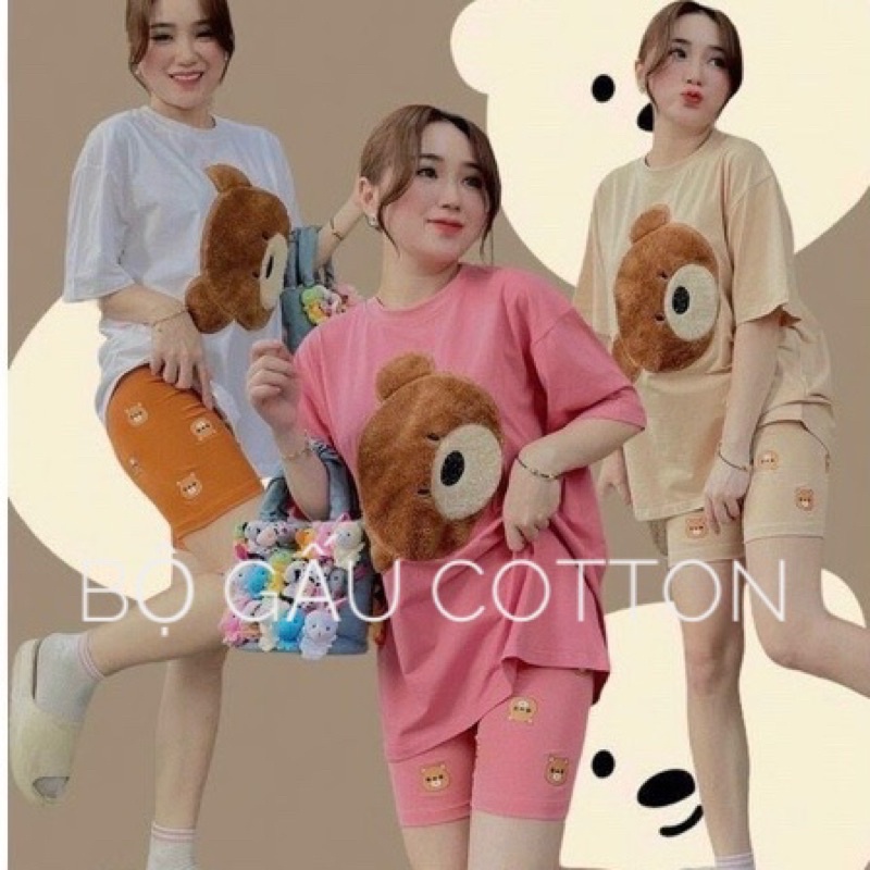 Bộ gấu cotton lửng Set gấu áo thun kèm quần sooc in gấu